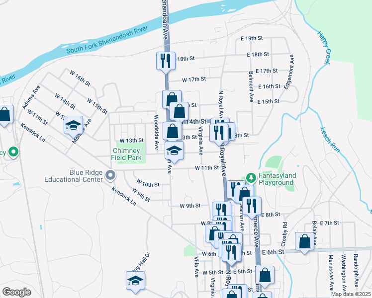 map of restaurants, bars, coffee shops, grocery stores, and more near 127 West 12th Street in Front Royal