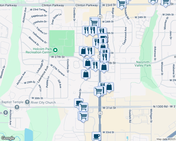 map of restaurants, bars, coffee shops, grocery stores, and more near 2727 Iowa Street in Lawrence