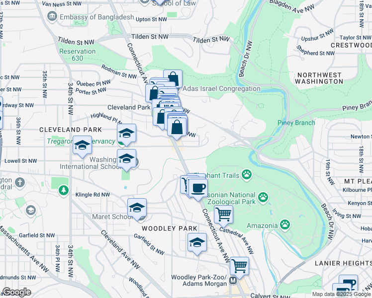 map of restaurants, bars, coffee shops, grocery stores, and more near 2756 Macomb Street Northwest in Washington