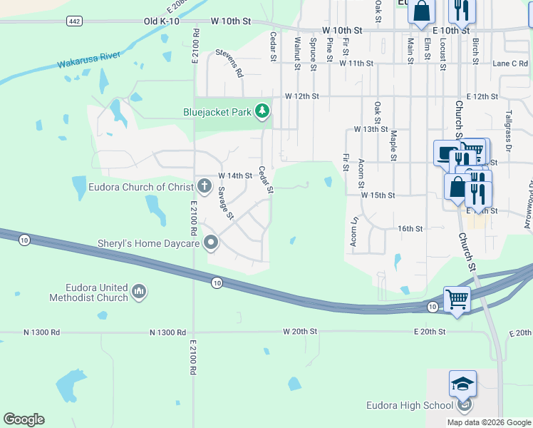 map of restaurants, bars, coffee shops, grocery stores, and more near 1505 Sycamore Street in Eudora