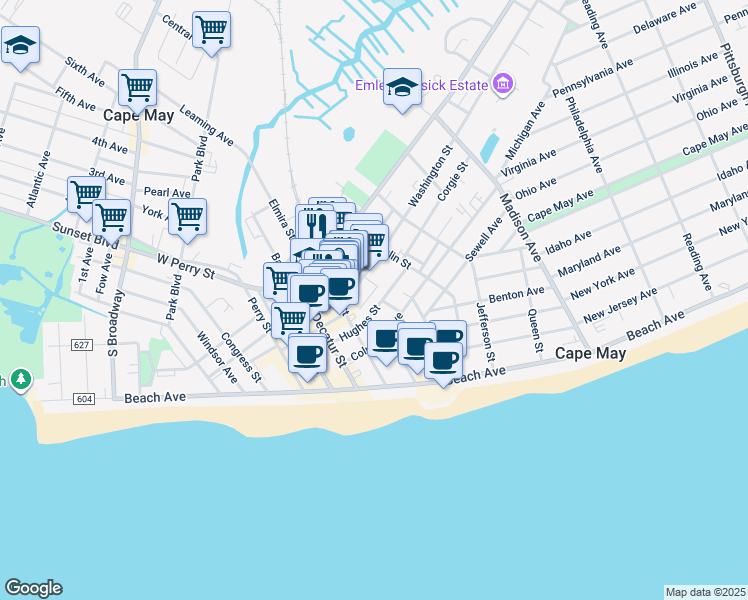 map of restaurants, bars, coffee shops, grocery stores, and more near 629 Hughes Street in Cape May