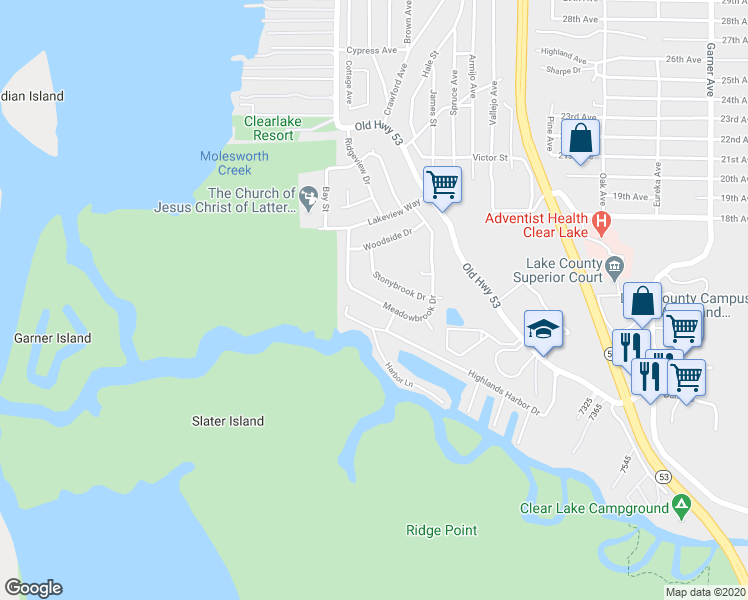 map of restaurants, bars, coffee shops, grocery stores, and more near 6860 Meadowbrook Drive in Clearlake
