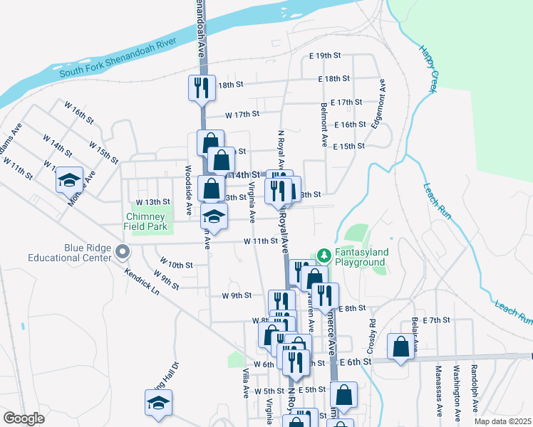 map of restaurants, bars, coffee shops, grocery stores, and more near 19 West 12th Street in Front Royal