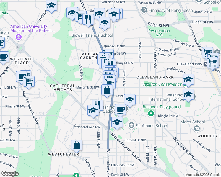 map of restaurants, bars, coffee shops, grocery stores, and more near 3704 Macomb Street Northwest in Washington
