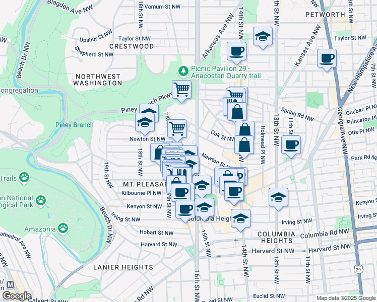 map of restaurants, bars, coffee shops, grocery stores, and more near 1612 Newton Street Northwest in Washington