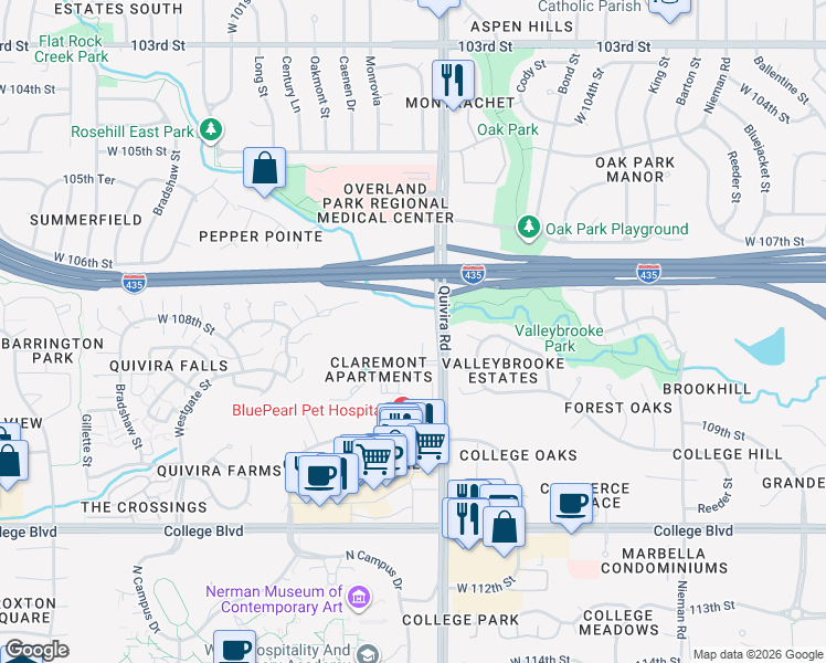 map of restaurants, bars, coffee shops, grocery stores, and more near 10750 Quivira Road in Overland Park