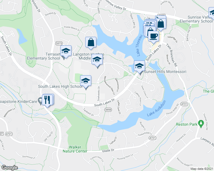 map of restaurants, bars, coffee shops, grocery stores, and more near 2144 Whisperwood Glen Lane in Reston