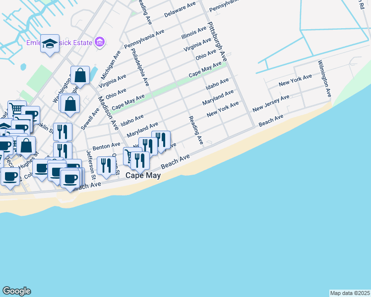 map of restaurants, bars, coffee shops, grocery stores, and more near 1116 New Jersey Avenue in Cape May