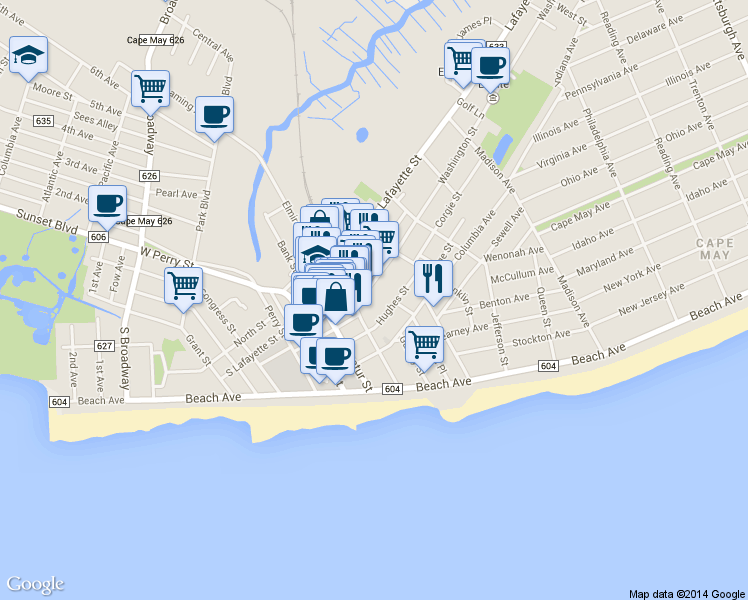 map of restaurants, bars, coffee shops, grocery stores, and more near 608 Washington Street in Cape May