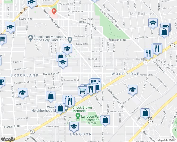 map of restaurants, bars, coffee shops, grocery stores, and more near 2020 Monroe Street Northeast in Washington