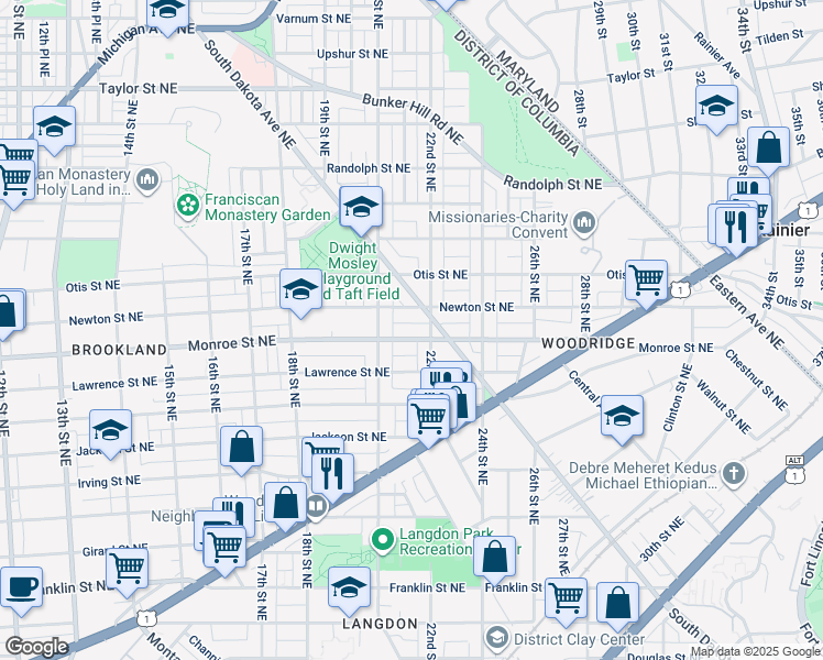 map of restaurants, bars, coffee shops, grocery stores, and more near 2016 Monroe Street Northeast in Washington