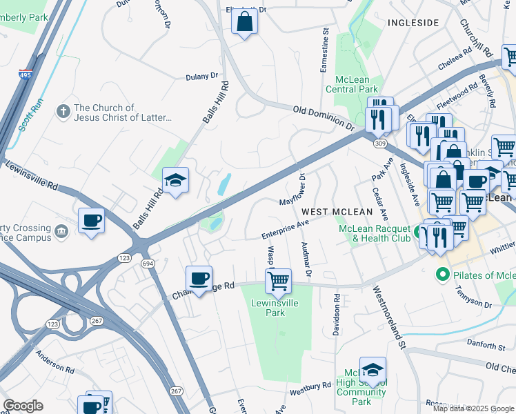 map of restaurants, bars, coffee shops, grocery stores, and more near 1433 Mayflower Drive in McLean