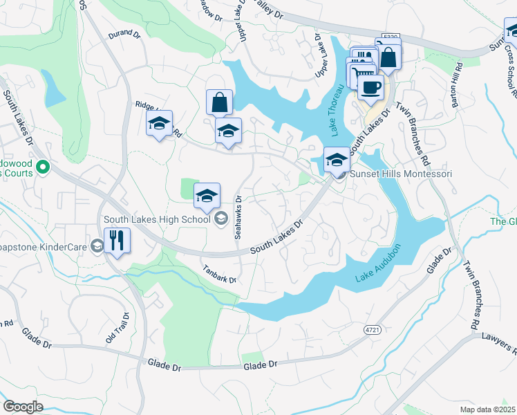 map of restaurants, bars, coffee shops, grocery stores, and more near 2144 Whisperwood Glen Lane in Reston