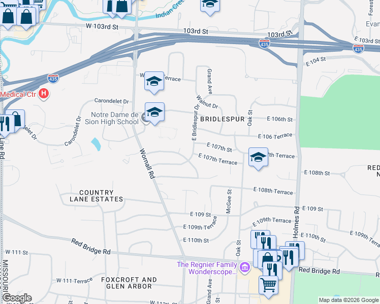 map of restaurants, bars, coffee shops, grocery stores, and more near 10641 East Bridlespur Drive in Kansas City