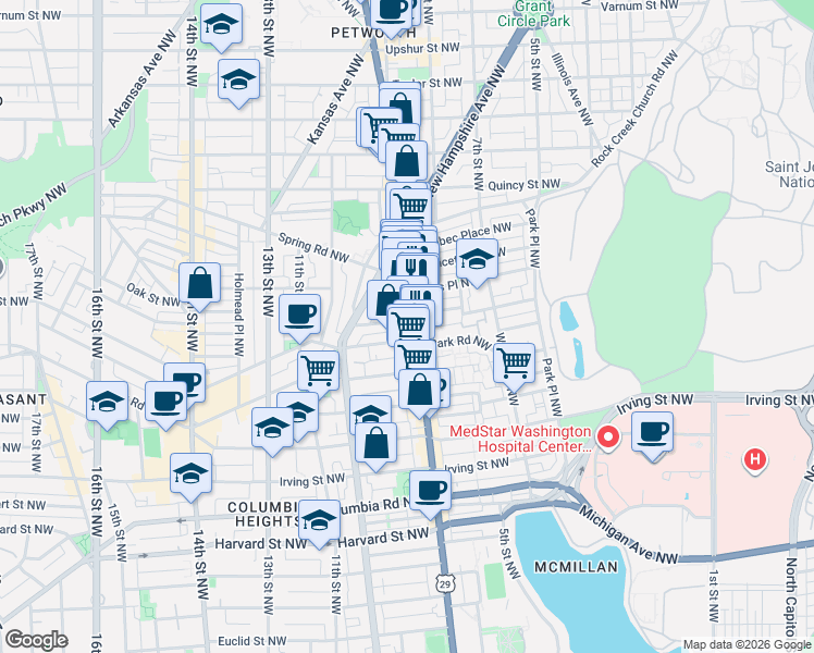 map of restaurants, bars, coffee shops, grocery stores, and more near 3506 Georgia Avenue Northwest in Washington