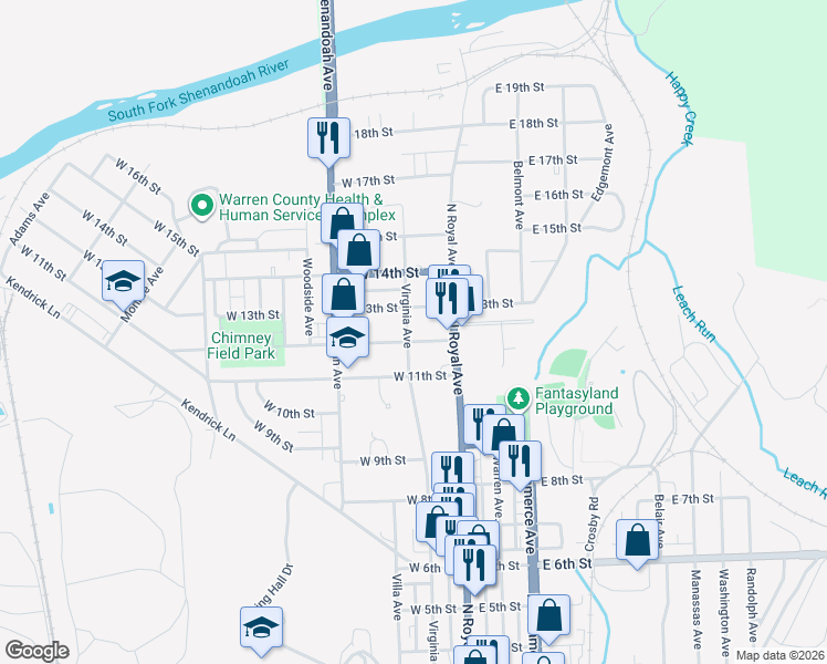 map of restaurants, bars, coffee shops, grocery stores, and more near 108 West 13th Street in Front Royal
