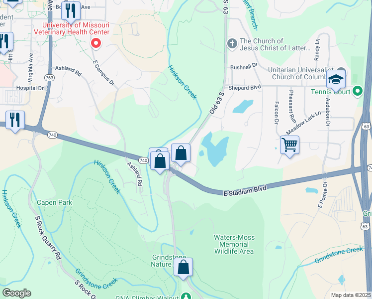 map of restaurants, bars, coffee shops, grocery stores, and more near Old 63 South in Columbia
