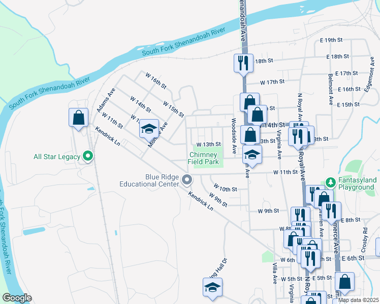 map of restaurants, bars, coffee shops, grocery stores, and more near 1217 Massanutten Avenue in Front Royal