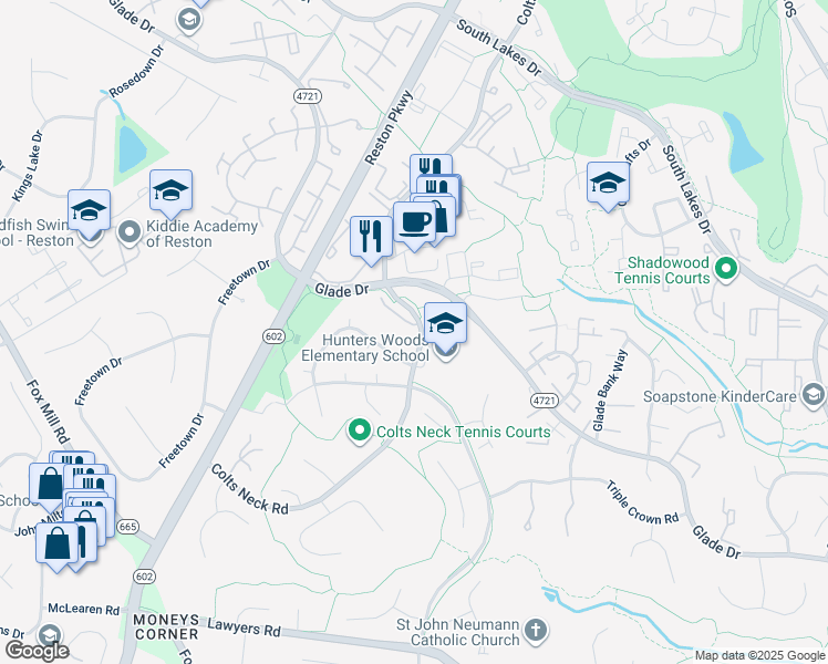 map of restaurants, bars, coffee shops, grocery stores, and more near 12001 Insha Court in Reston