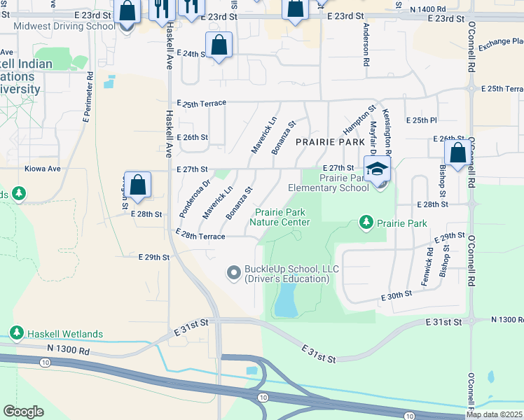 map of restaurants, bars, coffee shops, grocery stores, and more near 2716 Bonanza Street in Lawrence