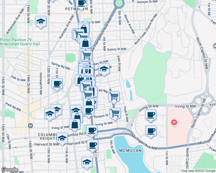 map of restaurants, bars, coffee shops, grocery stores, and more near 3542 Warder Street Northwest in Washington