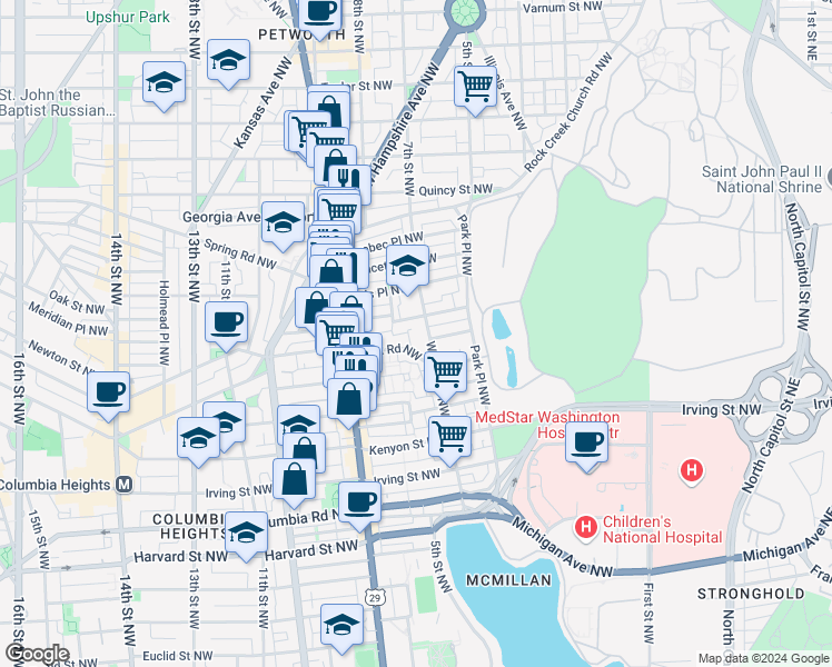 map of restaurants, bars, coffee shops, grocery stores, and more near 3542 Warder Street Northwest in Washington