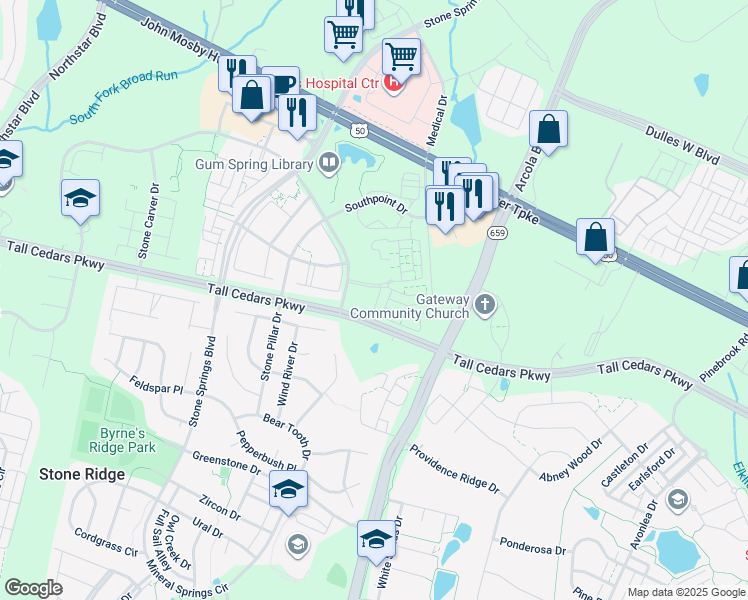 map of restaurants, bars, coffee shops, grocery stores, and more near 24751 Stone Station Terrace in Aldie