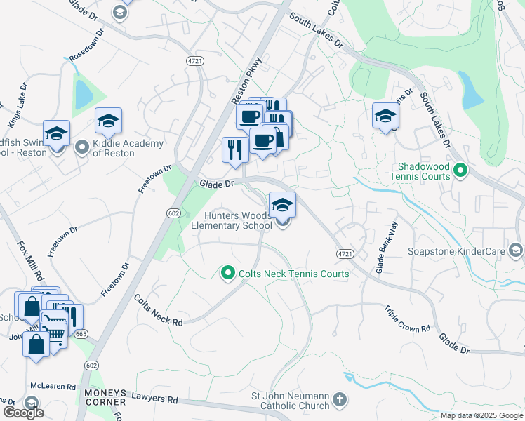 map of restaurants, bars, coffee shops, grocery stores, and more near 12001 Insha Court in Reston