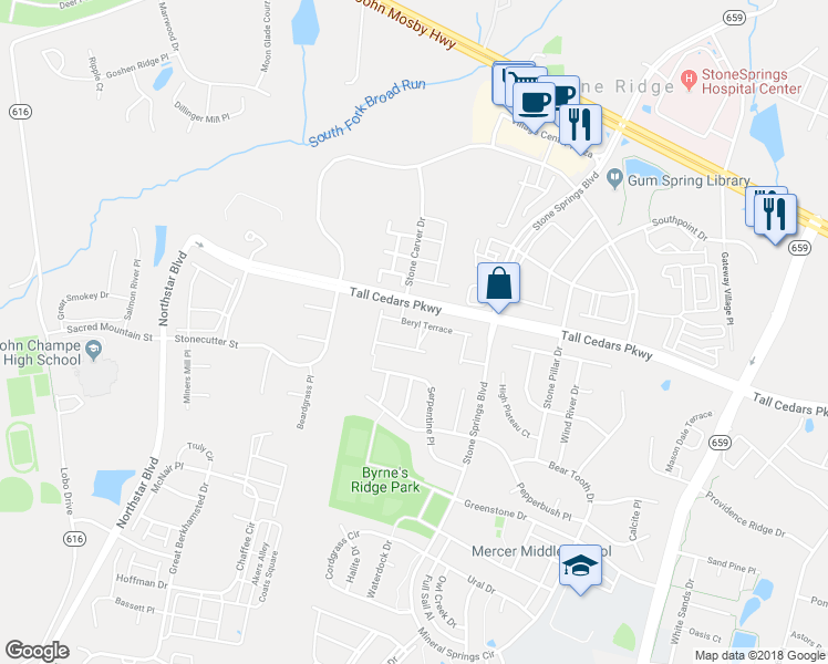 map of restaurants, bars, coffee shops, grocery stores, and more near 41944 Cinnabar Square in Stone Ridge