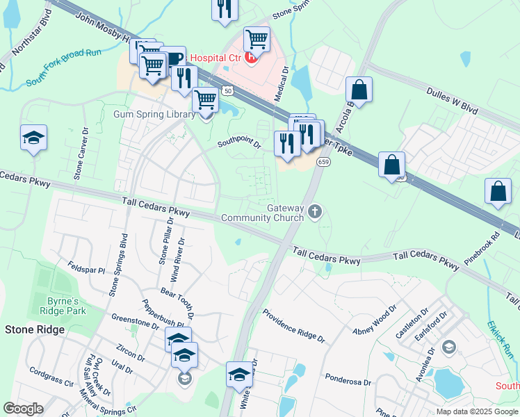 map of restaurants, bars, coffee shops, grocery stores, and more near 42243 Black Rock Terrace in Aldie