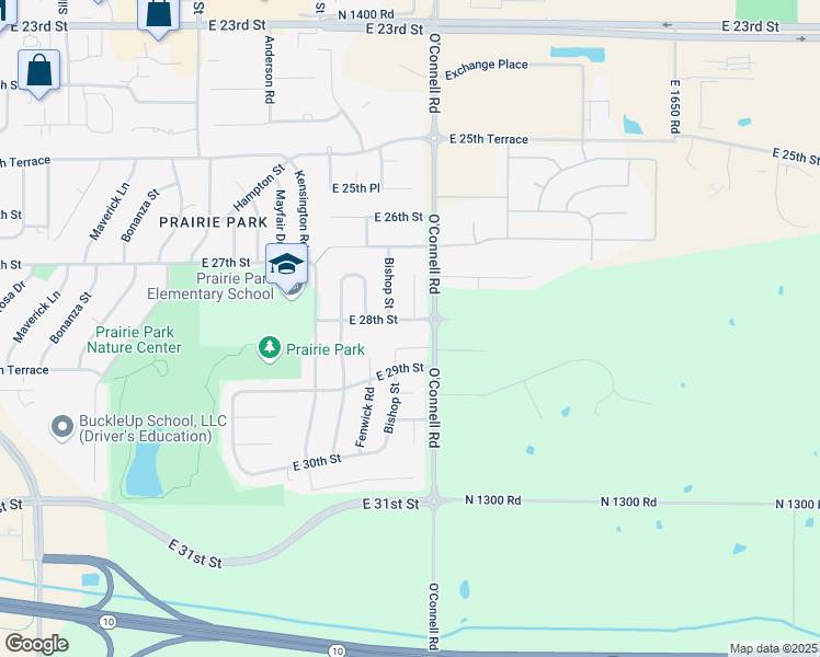 map of restaurants, bars, coffee shops, grocery stores, and more near 2728 Bishop Street in Lawrence