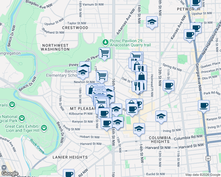 map of restaurants, bars, coffee shops, grocery stores, and more near Newton Street Northwest in Washington