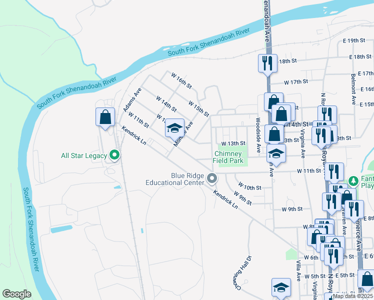 map of restaurants, bars, coffee shops, grocery stores, and more near 631 West 11th Street in Front Royal