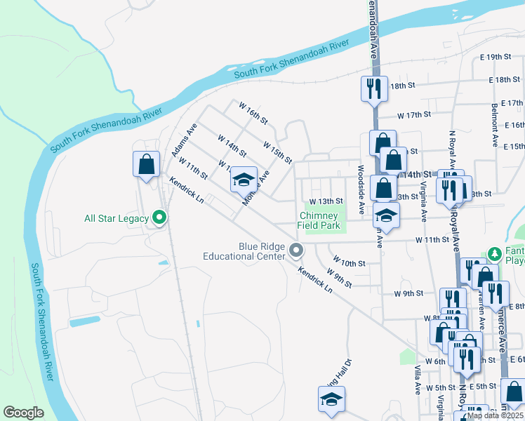 map of restaurants, bars, coffee shops, grocery stores, and more near 631 West 11th Street in Front Royal
