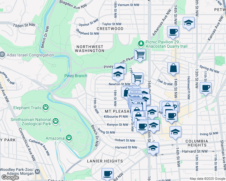 map of restaurants, bars, coffee shops, grocery stores, and more near 1805 Monroe Street Northwest in Washington