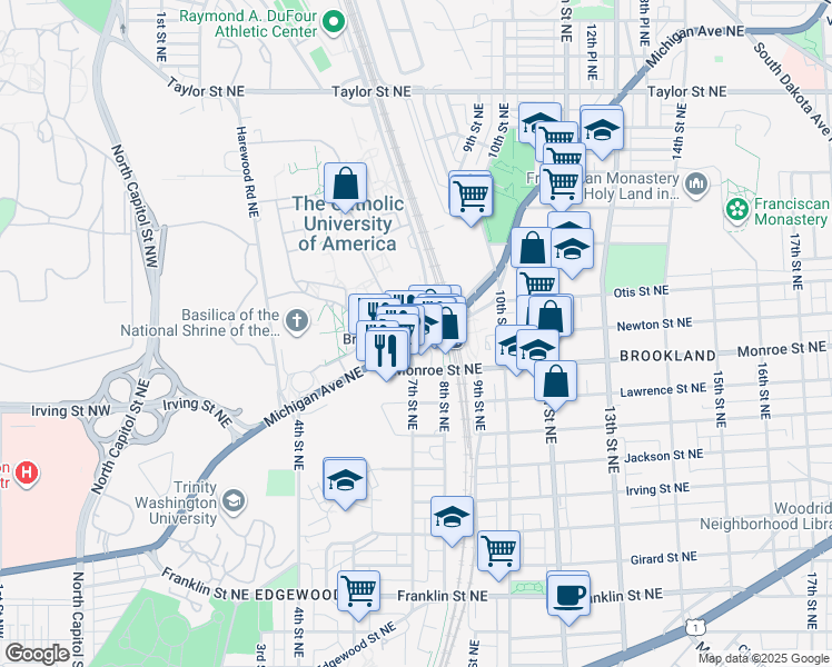 map of restaurants, bars, coffee shops, grocery stores, and more near 620 Michigan Avenue Northeast in Washington