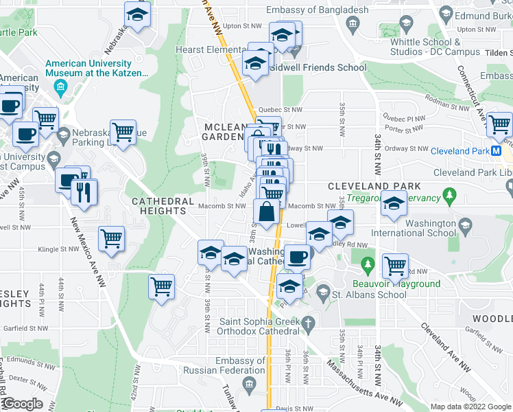 map of restaurants, bars, coffee shops, grocery stores, and more near 38th Street Northwest & Macomb Street Northwest in Washington