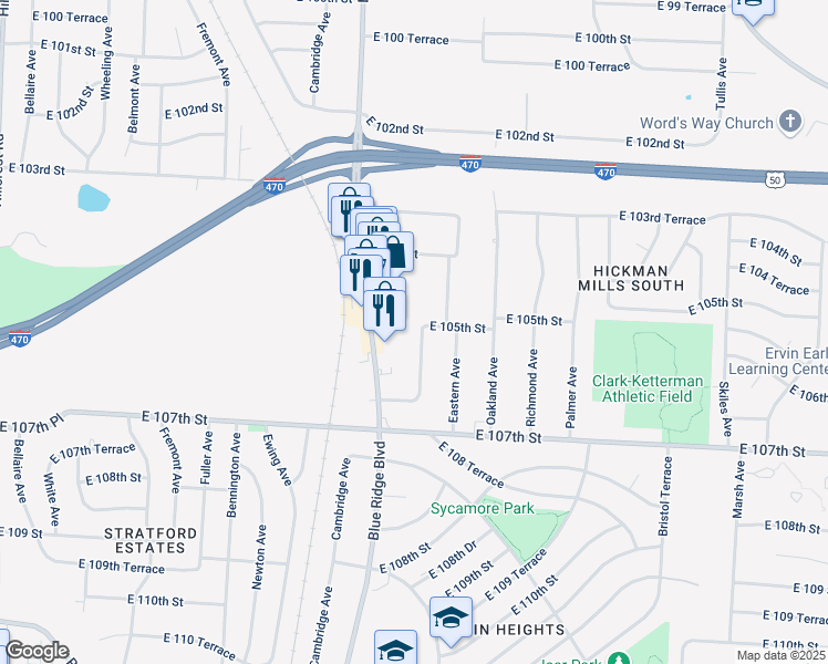 map of restaurants, bars, coffee shops, grocery stores, and more near 10504 Corrington Avenue in Kansas City