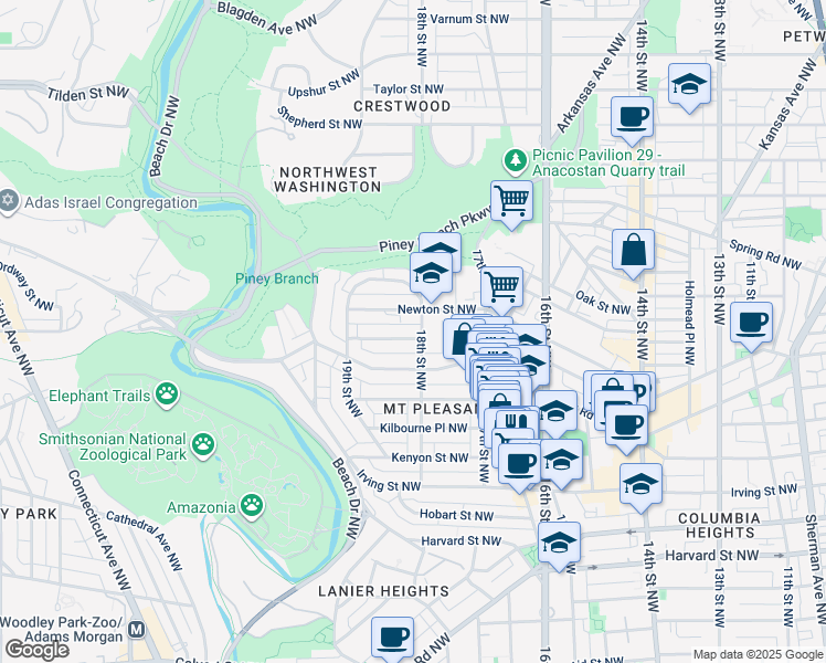 map of restaurants, bars, coffee shops, grocery stores, and more near 1805 Monroe Street Northwest in Washington