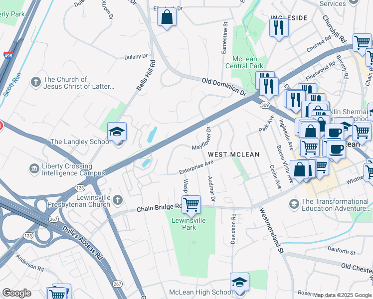 map of restaurants, bars, coffee shops, grocery stores, and more near 1421 Mayflower Drive in McLean
