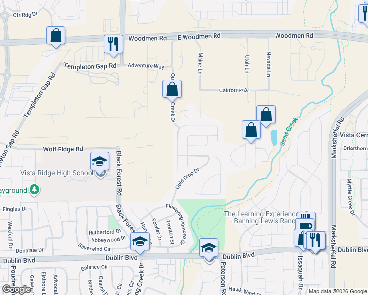 map of restaurants, bars, coffee shops, grocery stores, and more near 7074 New Meadow Drive in Colorado Springs