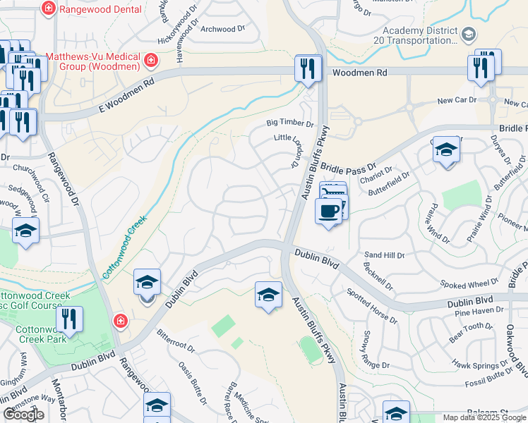 map of restaurants, bars, coffee shops, grocery stores, and more near 6777 Dream Weaver Drive in Colorado Springs