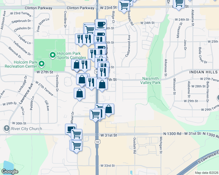 map of restaurants, bars, coffee shops, grocery stores, and more near 2021 West 27th Street in Lawrence