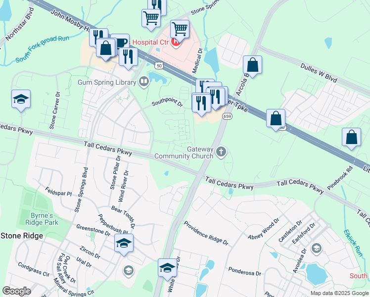 map of restaurants, bars, coffee shops, grocery stores, and more near 42255 Black Rock Terrace in Aldie