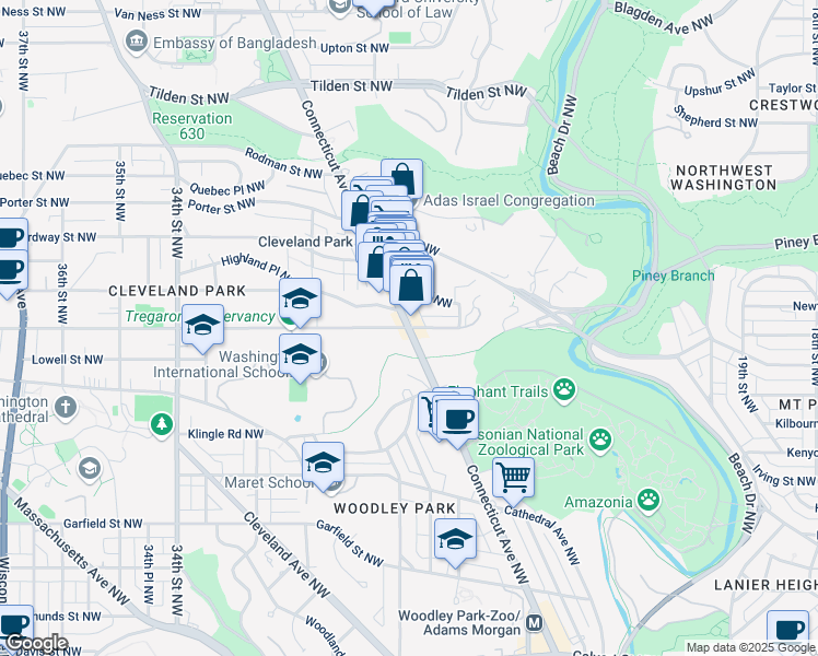 map of restaurants, bars, coffee shops, grocery stores, and more near Connecticut Ave NW & Macomb St NW in Washington
