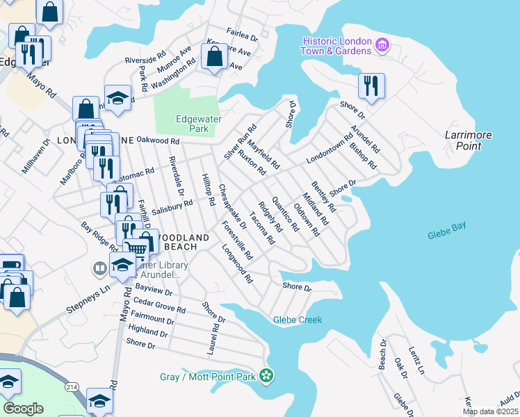 map of restaurants, bars, coffee shops, grocery stores, and more near 1712 Ridgely Road in Edgewater