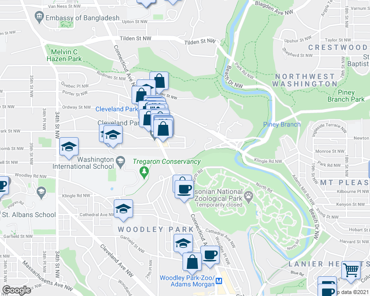 map of restaurants, bars, coffee shops, grocery stores, and more near Macomb St NW & 27th St NW in Washington