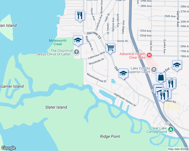 map of restaurants, bars, coffee shops, grocery stores, and more near 6815 Stonybrook Drive in Clearlake