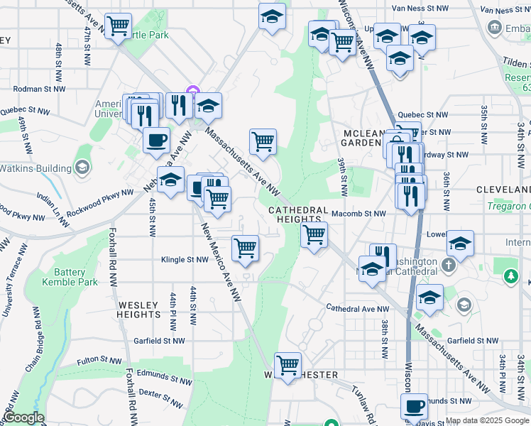 map of restaurants, bars, coffee shops, grocery stores, and more near 4100 Massachusetts Avenue Northwest in Washington