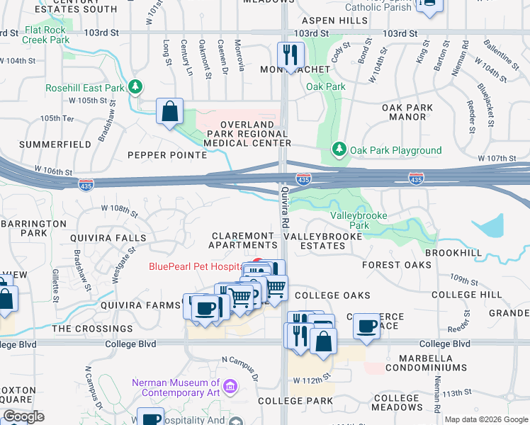 map of restaurants, bars, coffee shops, grocery stores, and more near 10750 Quivira Road in Overland Park